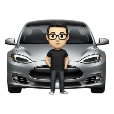 small-cartoonish-middle-age-lean-white-man,without beard or moustache,-with-black-hair-&-glasses-wearing-black-Tesla-T-shirt,-inside-black-tesla-model-3, full car front view sticker