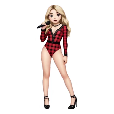 Sabrina carpenter singing at concert wearing a black and red plaid bodysuit a red sheer top over it , a strip of black lace around her leg, black sparkle heels. there is a  huge crowd and light pink stage setting  sticker