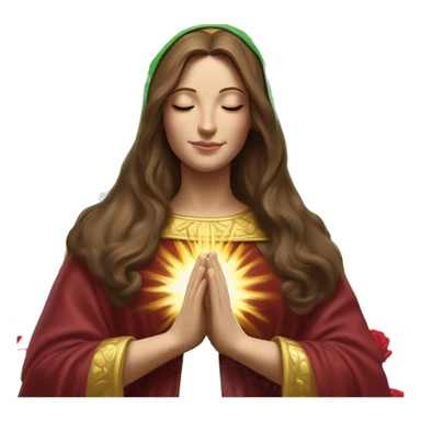 Virgin Mary: kind face looking down at the left, long brown hair, Wearing an emerald green  robe with gold stars and a burgundy red dress,  Hands in prayer or blessing. Halo around her head. standing in front of a big sun. colorful roses on the sides  sticker