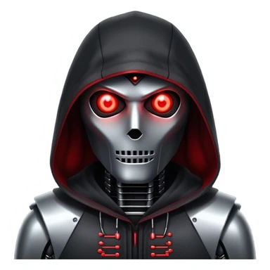 Evil robot hacker with glowing red eyes, dark hood, binary code, sinister expression sticker