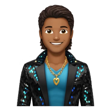 Eric Benét with long dark brown hair, black sequin jacket, shirtless with necklace sticker