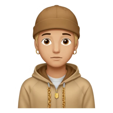 {
  "type": "human",
  "look": "male, tan hoodie, brown cap, gold jewelry, calm face, front view",
  "description": "a young man wearing a hoodie and cap, looking relaxed and confident"
} sticker