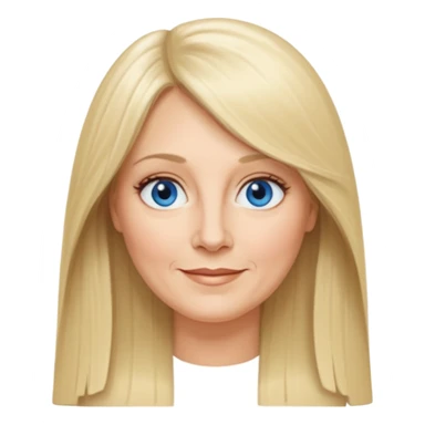 50 yr old white woman, curtain bangs, very long straight blond hair, oval face, small smile, blue eyes, thin face, hair downback, middle part round cheeks, pale, longer hair sticker