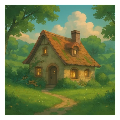 cozy cottage in a lush landscape with gentle lighting in ghibli style sticker