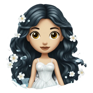 Pretty young Lady doll posing posed pose with long black hair flowers in hair white dress surrounded by flowing water water swirls waves sticker