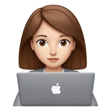 memoji of a brown hair white skin female with a grey laptop in front, apple-style, modern sticker