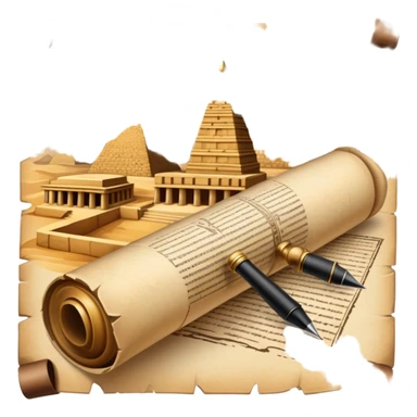 An icon showing a rolled parchment scroll, a quill pen, and ancient landmarks like pyramids and columns in the background. The design symbolizes the study of past civilizations, events, and heritage. Transparent background emphasizes the timeless exploration of human history. sticker