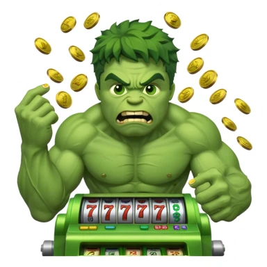 disheveled hulk losing money at a slot machine, panicked face, coins flying sticker