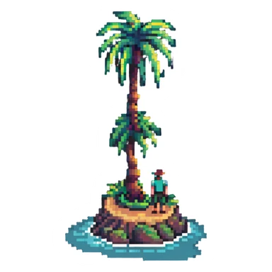 stranded man on a tiny island with a palm tree in pixel art style sticker