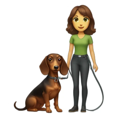 A woman with shoulder-length brown hair, straight bangs and green eyes has a dachshund with rough-coated on a leash. sticker