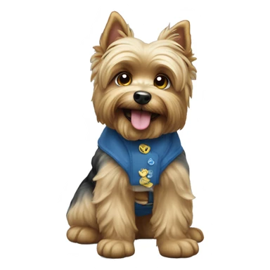 Perro de raza yorkshire con un chaleco azul que tenga una cara sonriente sticker