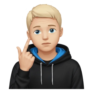 man in black hoodie in thinking pose, blue eyes, right hand raised, index finger touching his chin, eyes looking up to the top right sticker
