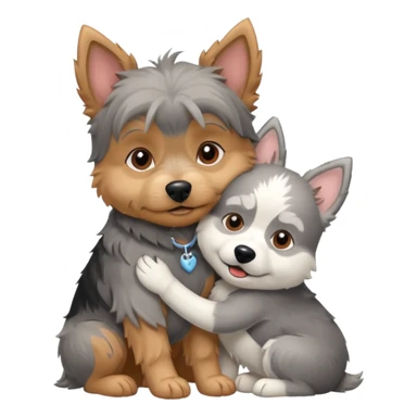 Old yorkie hugging a husky dog sticker