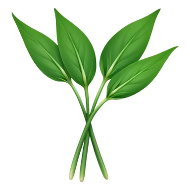 single sprig or small cluster of wild garlic leaves with smooth, elongated, lance-shaped blades, rich vibrant green color, soft central veins, fresh slightly glossy surface, gently arching from slender stems, no roots, no soil, no extras, apple emoji style, soft lighting, subtle shadows, emoji scale sticker