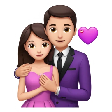 Brunette girl, with an engagement ring on her finger hugging a handsome man, (her boyfriend) both of them happy, she’s wearing a pink dress, he is wearing a black suit, he’s also a rich businessman, and there is the 💜 purple heart emoji on top. They look in love with each other.  sticker
