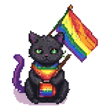 black cat with LGBT flag, pixel art style sticker