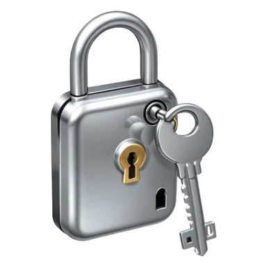 A chrome silver lock and key emoji, smooth metallic surfaces, glossy reflections, luxury swag vibe, minimal iOS emoji style, centered on clean white background sticker