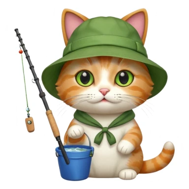cat holding fishing rod with bucket hat green sticker