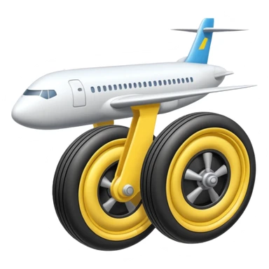 Isometric view of airplane landing gear in emoji style — one inflated, puffy wheel with a strut, soft 3D look, rounded shapes, clean and cartoon-like sticker