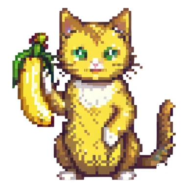 goofy cat with a banana body, pixel art style, bright colors sticker