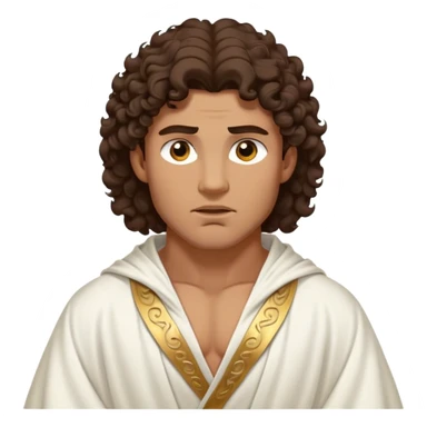 Cinematic Realistic Hercules Portrait, depicted as a classical Greek hero inspired by the Disney version yet echoing the refined proportions and serene dignity of Michelangelo's David. His idealized, tan skin glows with timeless strength, and his thick, curly wavy dark brownhair falls in natural, sculpted curls. Draped in a flowing white robe with delicate golden accents, his expressive eyes radiate determined nobility, all rendered under dynamic natural lighting with a mythic, radiant glow. sticker