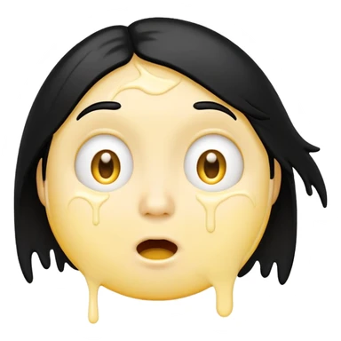 simple emoji, surprised face, classic yellow circular genderless emoji, 😮, long black hair, BREAK. goopy white liquid dripping from cheeks, goopy white cream on lips, goopy white cream in mouth sticker