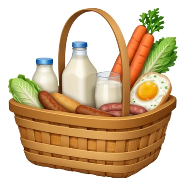 basket with groceries: milk, bread, sausage, eggs, potatoes, carrots, onions, cabbage sticker