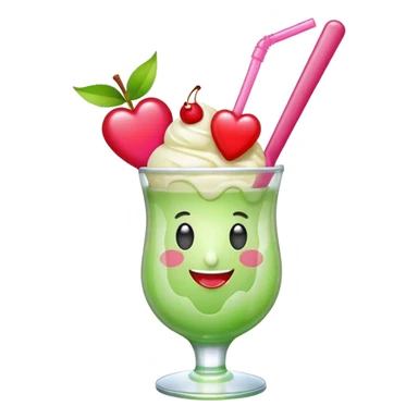 Create an emoji with a clear rounded glass, bright transparent green soda, vanilla ice cream scoop, two red cherries, pink heart-shaped straw, simple shapes, bright colors.
 sticker