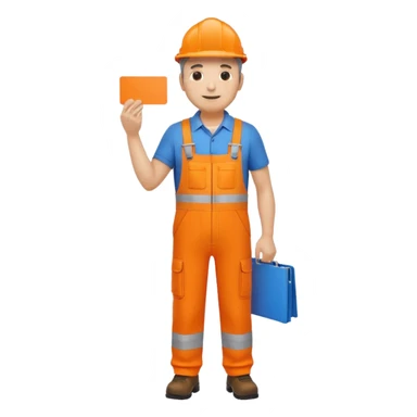 mature engineer hi-vis orange overalls standing full body holding a card sticker