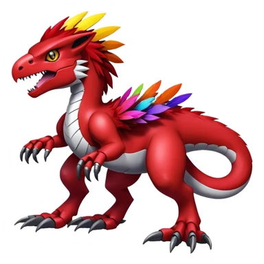 Dark-red Furry feather-mane Cool Edgy Futuristic shiny colorful Digimon-Fakemon-Guilmon-Velociraptor-Mecha full body   sticker