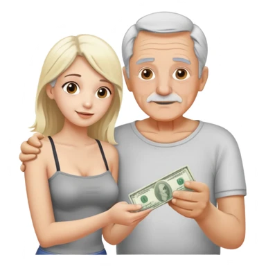 Kind elderly grandfather with gray hair giving money to a, pretty, tube top, blonde young woman who needs financial help,  sticker