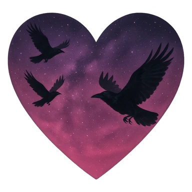  heart with pink night sky and dark ravens, remove background sticker