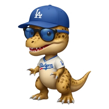 Baby T-Rex wearing sunglasses and an L.A. Dodgers baseball cap sticker