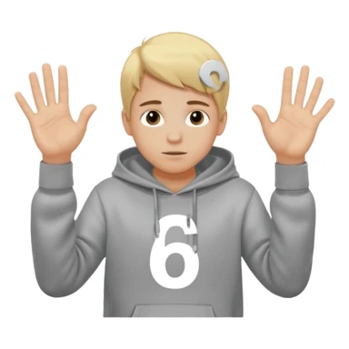a white kid blone hair with a grey hoodie and his above his hands saying 67 one 6 on 1 hand 7 on the other sticker