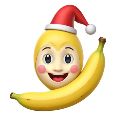 A 3D cartoon banana with a red nose and tiny hat, smiling face, playful pose, Memoji-style. sticker