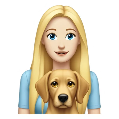 white woman with freckles, blue eyes and long blonde hair alongside a yellow-lab dog sticker