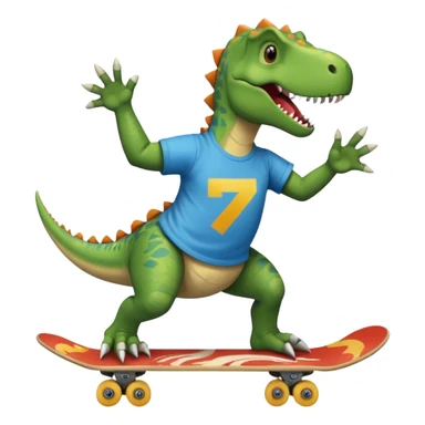 Dinosaur skateboarding at the skate park wearing a t-shirt and doing six seven and dancing sticker