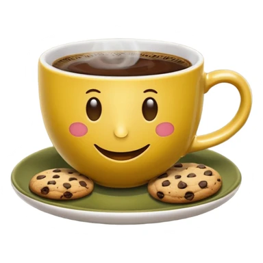 A cup of coffee, steaming, the smoke is heart-shaped, the cup is mustard yellow, the cup has a happy face printed on it, the cup sits on an olive green saucer, and there are cookies around the cup. sticker