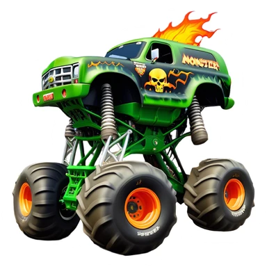 Grave Digger - Monster Jam (Model Year: 2022) (Iconic colour: Green with flames) - A legendary monster truck with a fearsome design: predominantly deep green with dynamic, vibrant flame graphics in bright orange and yellow. Highlight its rough, edgy bodywork and an aura of untamed rebellion. sticker