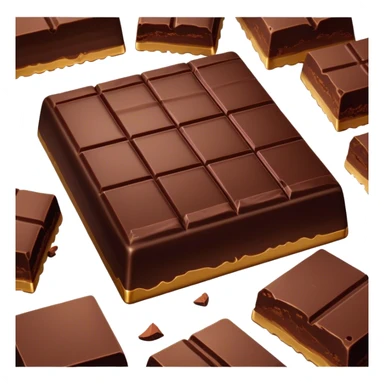 Cinematic silky dark chocolate bar, broken into perfect squares, rich cocoa tones, slightly melting edges, fine texture and decadent shine, warm golden highlights, tempting and rich. sticker