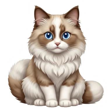 cinematic-[brown and white ragdoll cat]-realistic-full-body-sitting-emoji,-tail-curled-playfully-around-its-paws,-head-tilted-dramatically,-fluffy-[brown and white]-fur,-simplified-yet-realistic-focused-features,-highly-detailed,-glowing-with-an-almost-sarcastic-glow, with blue eyes sticker