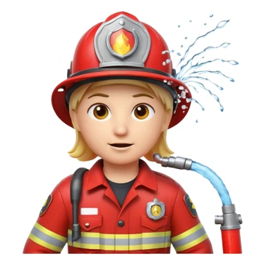 A 3D Apple-style emoji character dressed as a firefighter in a bright red uniform and helmet, holding a fire hose spraying water forward, determined expression with cartoonish eyes, water splashing effect, clean minimal background sticker