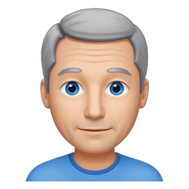 Middle aged man with receding grey and black hair and no beard, blue eyes, shy smile, tanned skin sticker