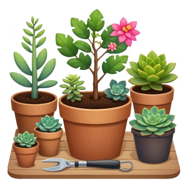 Close-up of a potted sapling with vibrant flowering plants around it, in rich soil. Sunlight filters through the window, casting soft shadows. Cozy indoor garden with blooming flowers, succulents, and gardening tools placed neatly on a wooden table. sticker