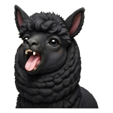 Cinematic Cute Yawning Black Alpaca Portrait Emoji, Head tilted slightly with a dramatic, wide-open yawn, showcasing a soft, plush jet-black fleece with gently drooping ears, round dark eyes barely open in drowsy contentment, Simplified yet irresistibly adorable features, highly detailed, glowing with a soft, cozy glow, high shine, relaxed yet expressive, stylized with a touch of whimsy, bright and endearing, soft glowing outline, capturing the essence of a sleepy yet affectionate alpaca, so drowsy it feels like it could stretch out of the screen and curl up for a nap! sticker