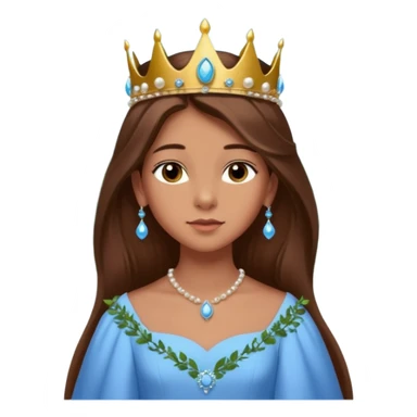 a 12 year old girl with shinny long brown hair and pretty green eyes that have long dark eye lashes wearing a sky blue gown in a beautiful forest with adorable animals and stunning roses and lilacs surrounding her as she smells the only sky blue rose she is also wearing a crown that has pearls sticker