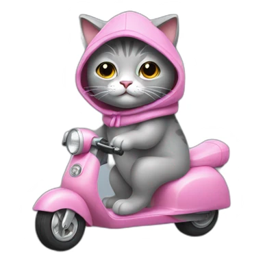 A gray stuffed cat. This cat is wearing a sleeveless sweater with a pink hood. He rides a scooter. sticker