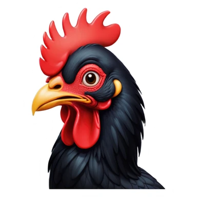 Cinematic Comical Black Rooster Portrait Emoji, Head tilted dramatically with an exaggeratedly shocked or amused expression, featuring a striking pure black plumage with a bold red comb, wide, expressive eyes filled with playful disbelief, Simplified yet hilariously expressive features, highly detailed, glowing with a slightly sassy glow, high shine, dramatic yet playful, stylized with an air of cheeky mischief, bright and endearing, soft glowing outline, capturing the essence of a spirited and over-the-top rooster, so meme-worthy it feels like it could crow its way into internet fame instantly! sticker