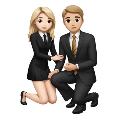  Sabrina carpenter kneeling down wearing a black dress with a tie, putting her hand on man’s leg who is standing  sticker