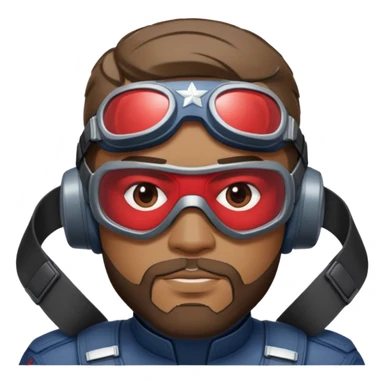 sam wilson with a very short hair close to the scalp and  a well-groomed beard that connects to his mustache,  wear sleek, red-tinted tactical goggles fit snugly from captain america: civil war sticker